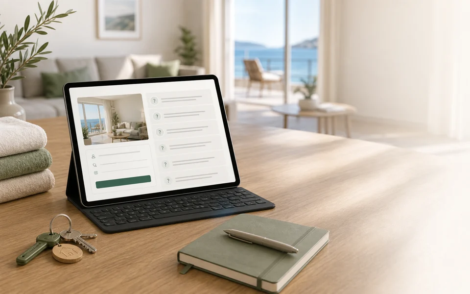 Tablet s pitanjima, kontakt formom i detaljima apartmana na radnom stolu