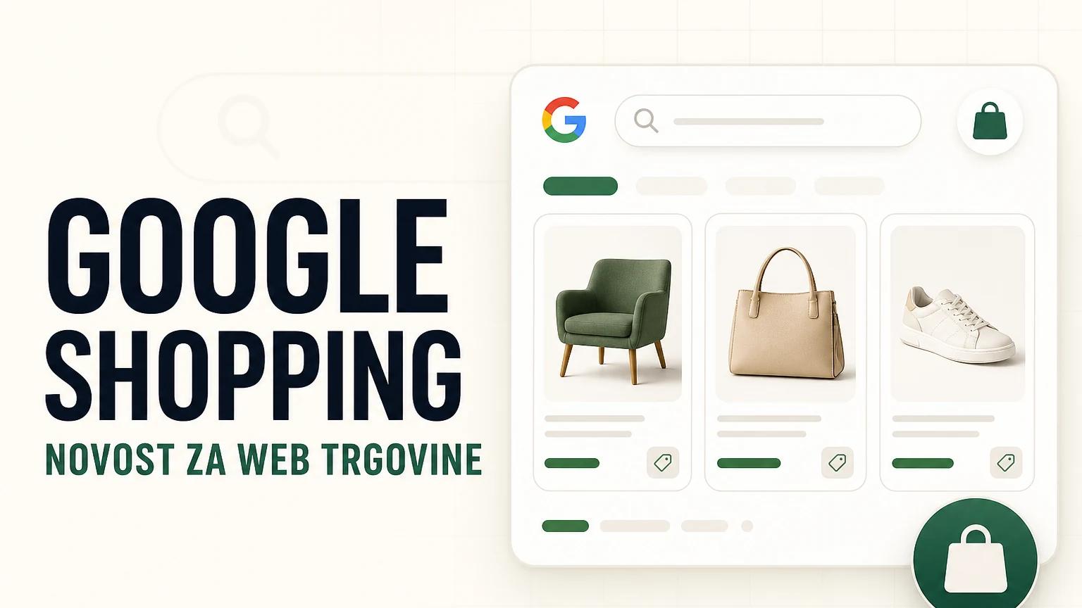 Grafika s naslovom Google Shopping: novost za web trgovine i ilustriranim karticama proizvoda