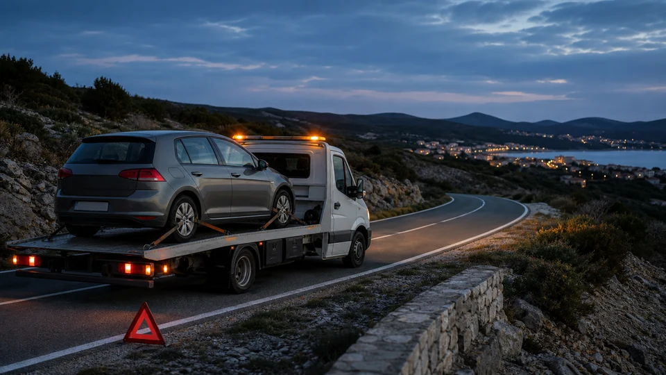 Vučna služba prevozi automobil cestom u hrvatskom priobalnom zaleđu