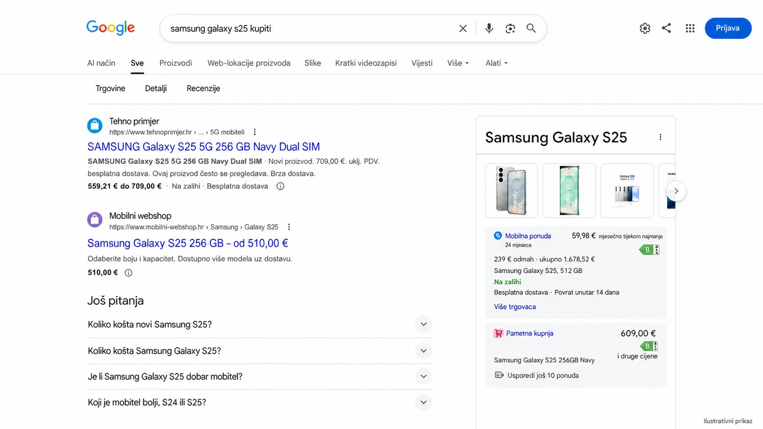 Ilustrativni prikaz Google rezultata za Samsung Galaxy S25 s primjerima trgovina, cijena i Shopping ponuda