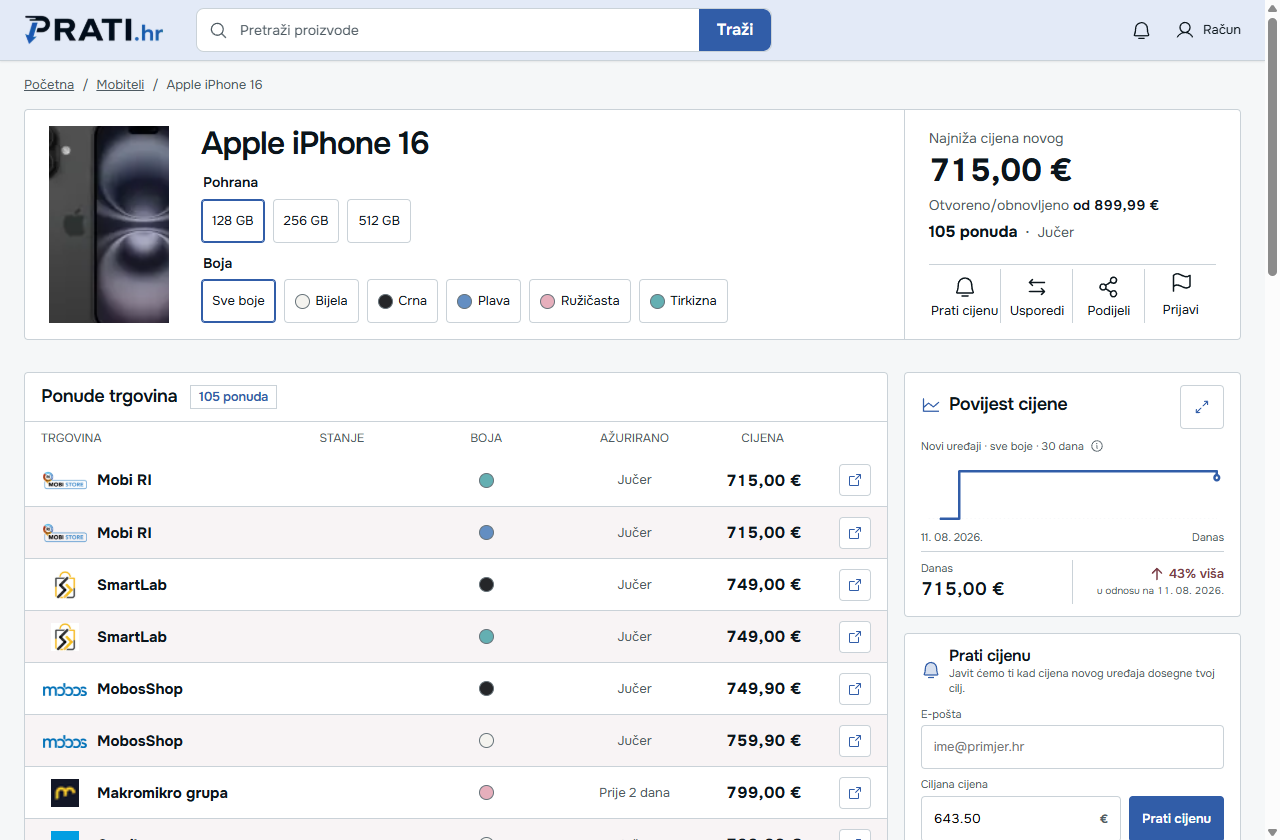 Prati.hr stranica iPhonea 16 s izborom memorije, bojama i ponudama trgovina