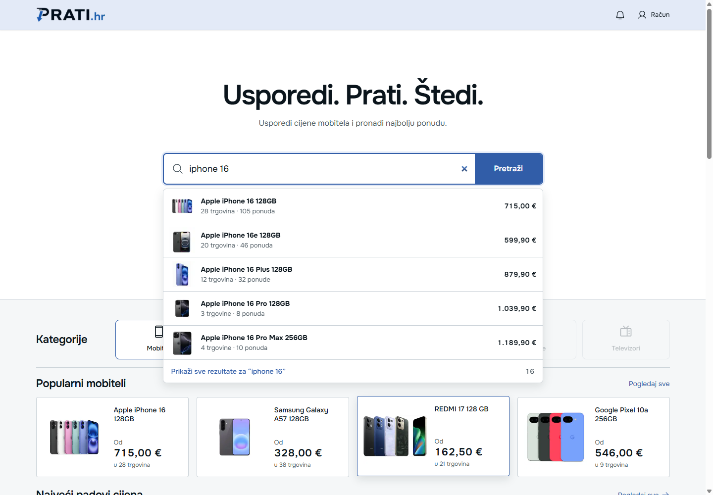 Prati.hr pretraga iPhonea 16 s prijedlozima modela, slikama i cijenama