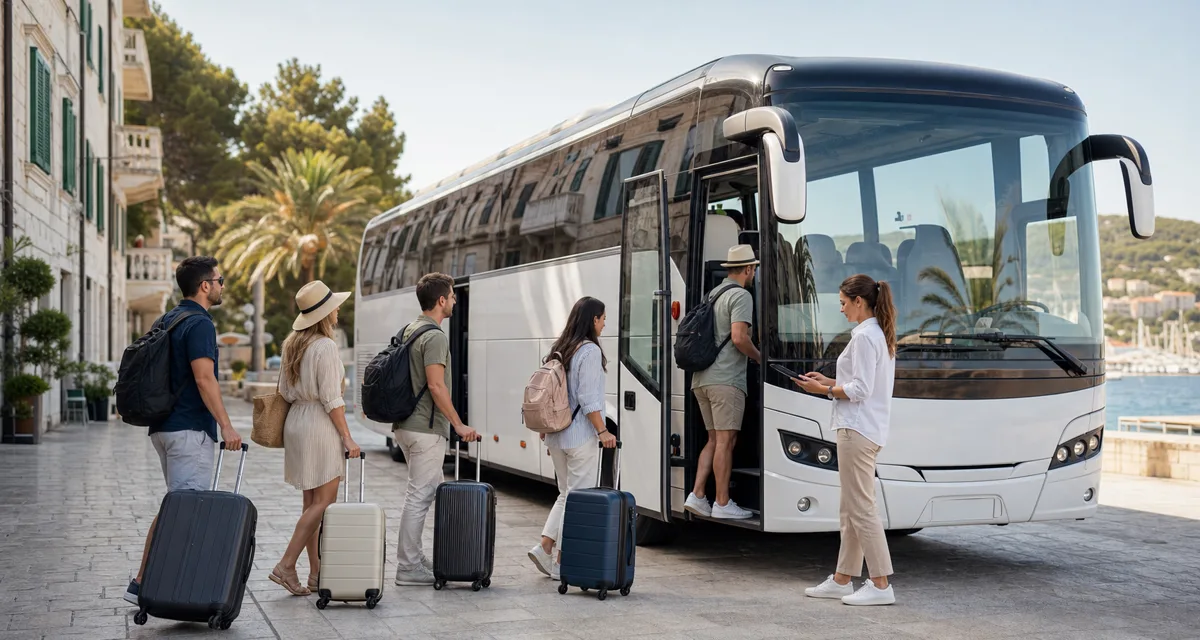 Putnici ulaze u turistički autobus s prtljagom