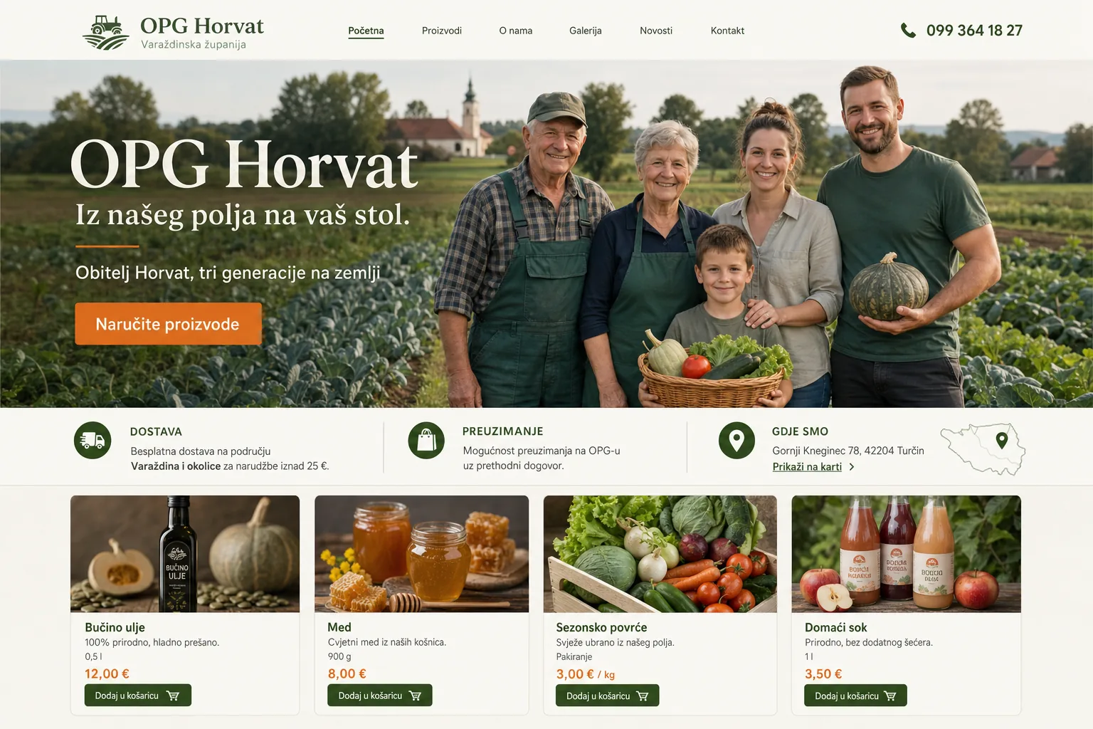 Primjer web stranice OPG Horvat s proizvodima i narudžbom