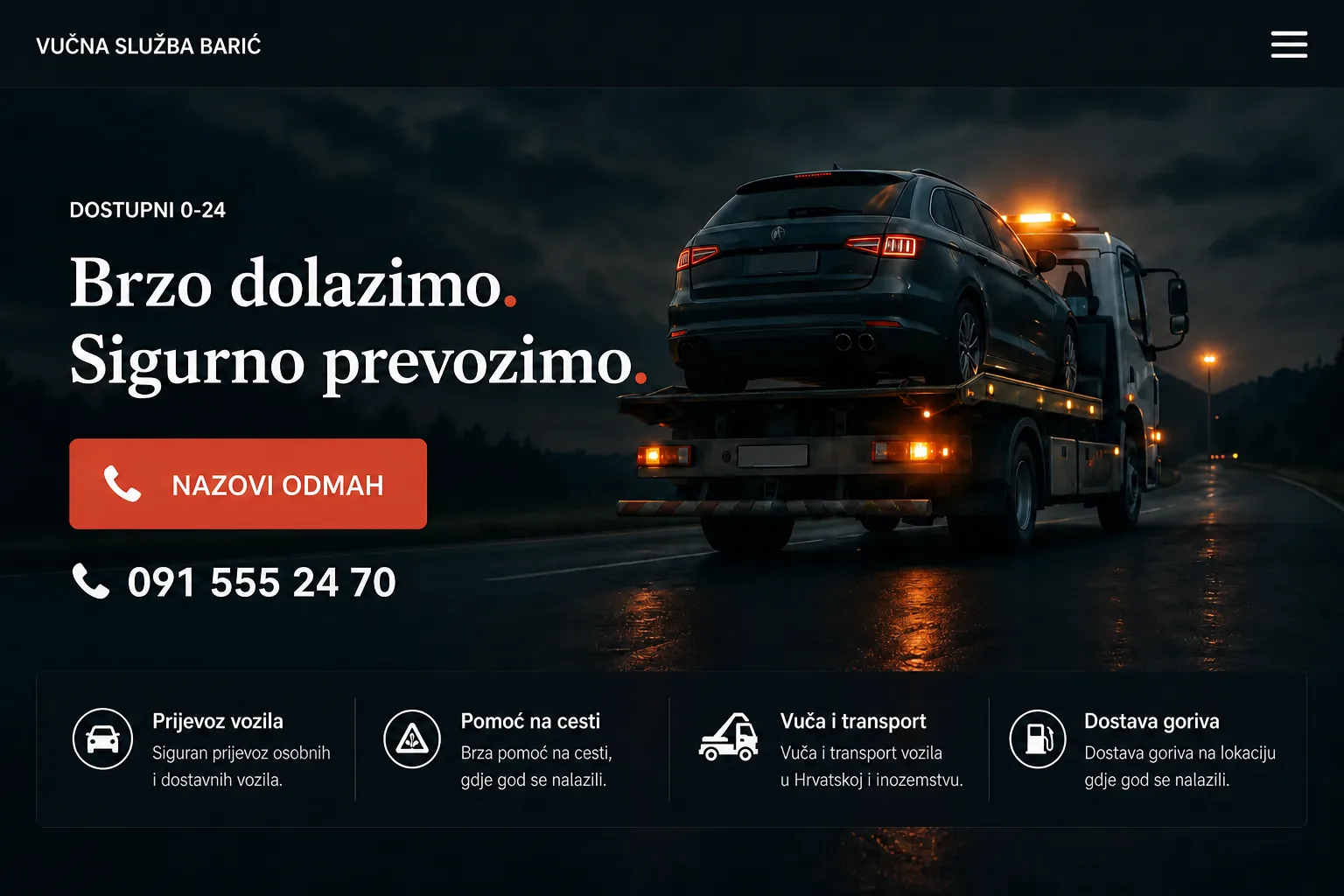 Primjer web stranice Vučne službe Barić s jasnim pozivom