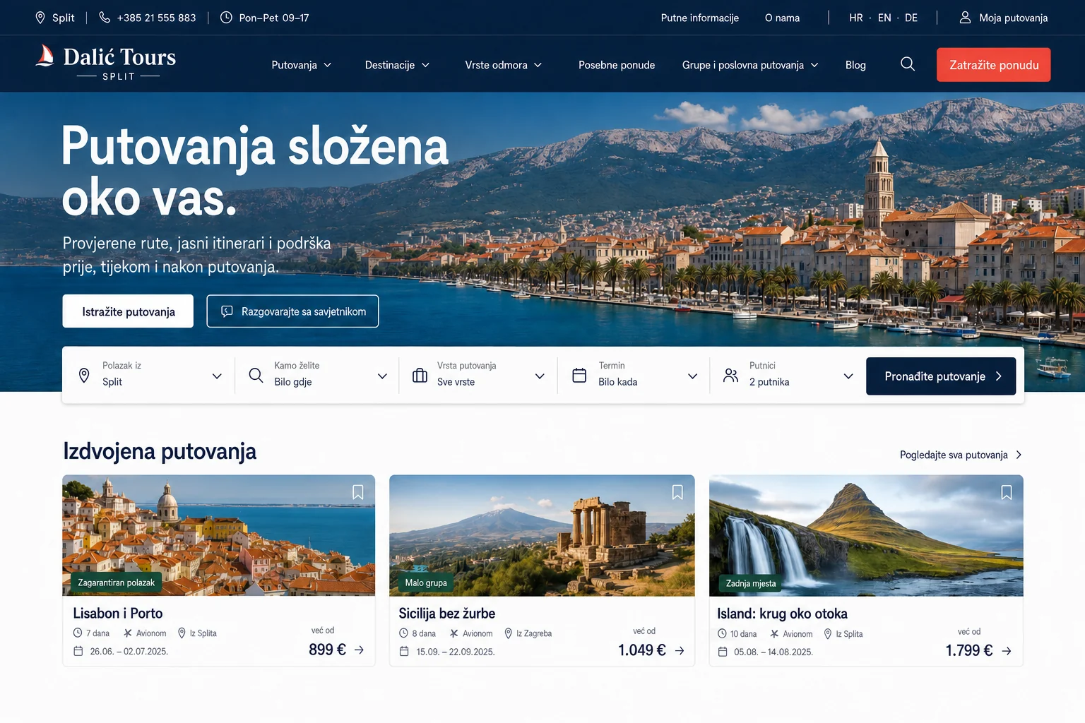 Premium web stranica turističke agencije Dalić Tours s naprednom navigacijom, pretragom putovanja i ponudama