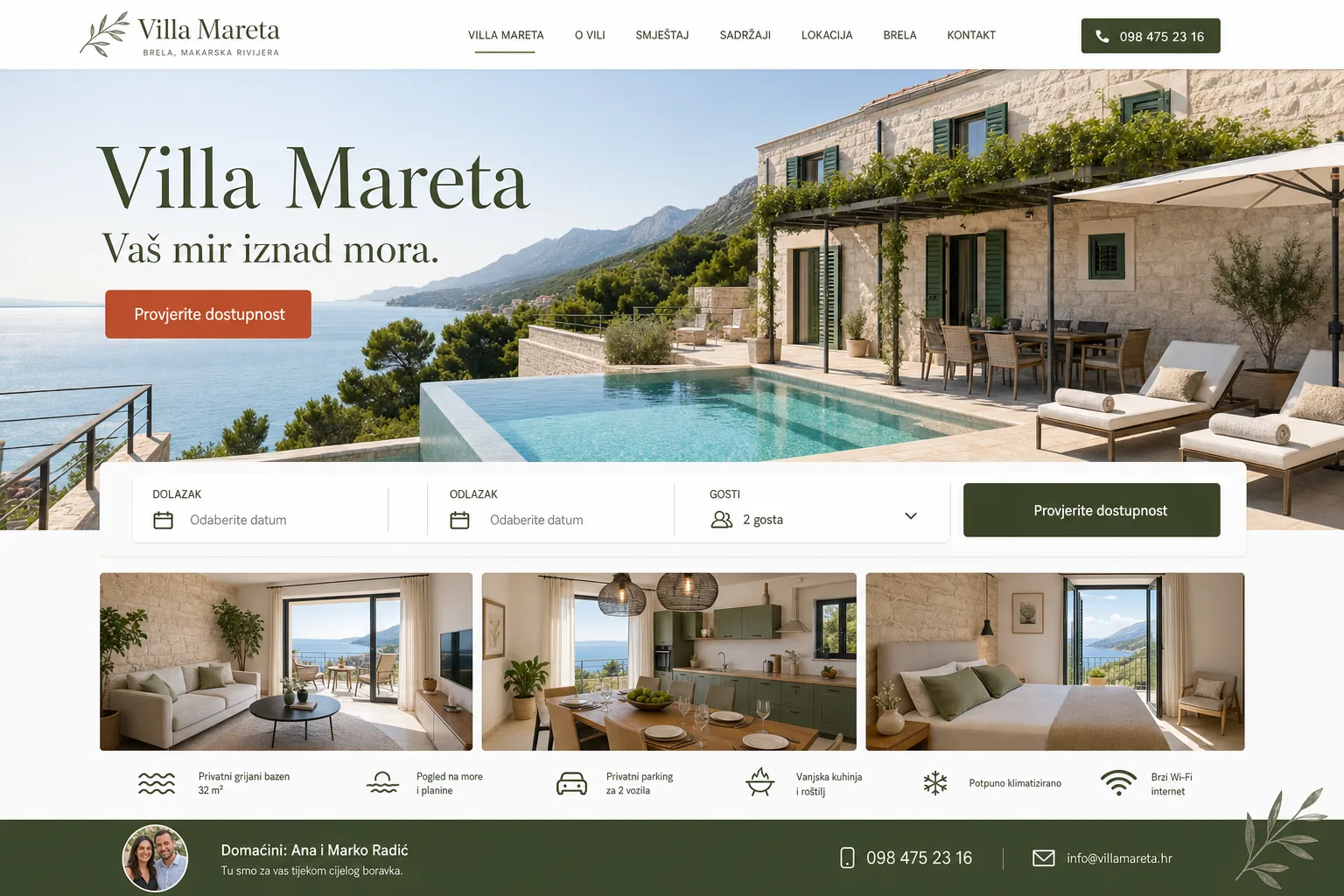 Primjer web stranice Villa Mareta s izravnom provjerom dostupnosti
