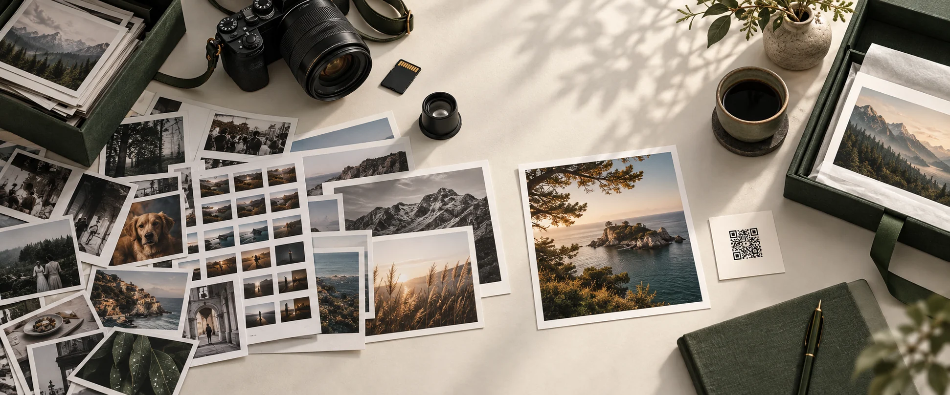 Odabir fotografija za portfolio: ispisane fotografije, fotoaparat i memorijska kartica na stolu