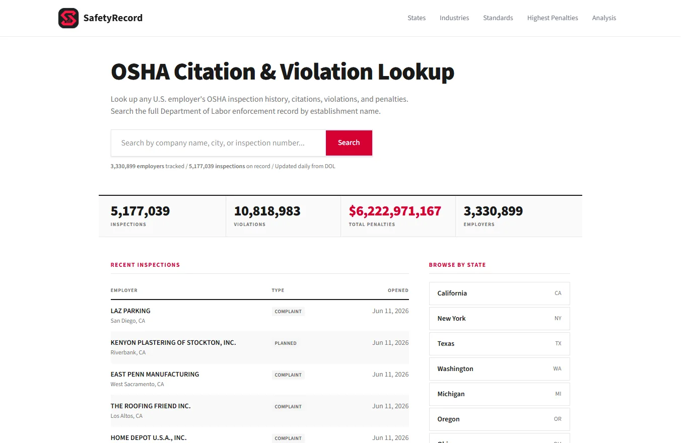 Snimka zaslona projekta SafetyRecord.org