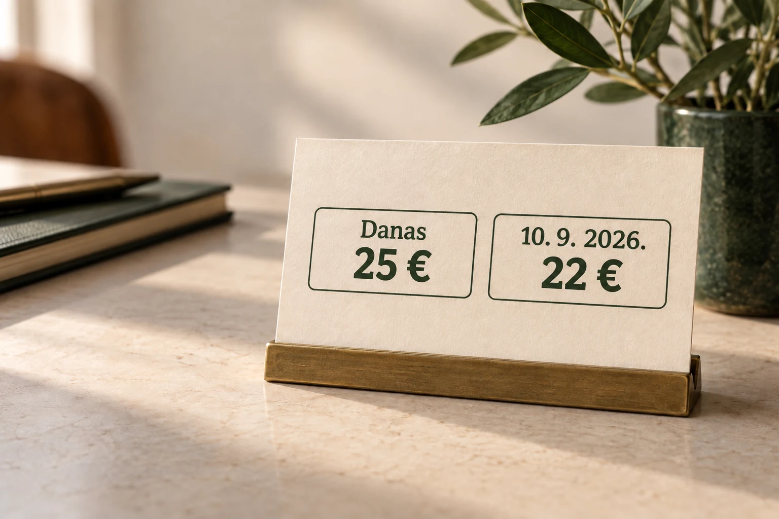 Jedna oznaka s dvije cijene: danas 25 eura i cijena na 10. rujna 2026. od 22 eura